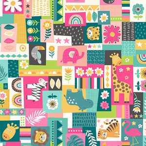 In the Jungle by Makower, color - pink, pattern - Montage, 100% Cotton Quilting Fabric, sold by the 1/2 yard, TP-2604-P