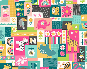 In the Jungle by Makower, color - pink, pattern - Montage, 100% Cotton Quilting Fabric, sold by the 1/2 yard, TP-2604-P
