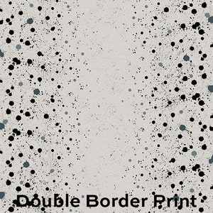 May include: A white background with two black vertical borders. The borders are made of a textured, brushstroke-like pattern. The background is covered in black and gray dots.