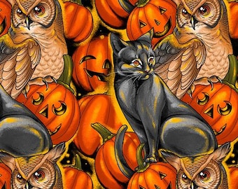 Pumpkin Party - Orange from Costumes & Cobwebs by Club Hauer, Rachel Hauer, PWRH121.Orange, Sold by Half Yd, cats, pumpkins. owls