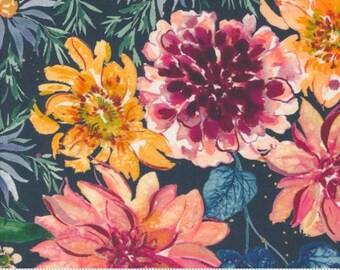 Floribunda Midnight 39800 12, Designed by Create Joy Project for Moda Fabrics -sold by half yd, Harvest Floral Sunflowers Watercolor Autumn