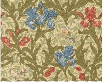 Morris Muse Clover Iris Florals Birds Parchment 13380 11, by Barbara Brackman for Moda Fabrics -sold by the half yard