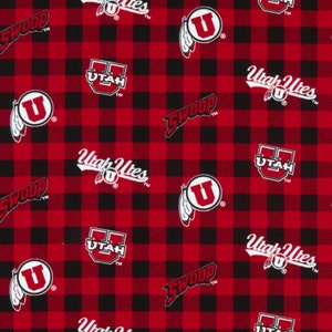 NCAA Utah Utes Buffalo Plaid Cotton, sold by 1/2 yard, sports fan, decorative, gift, man cave, official fabric, mask fabric