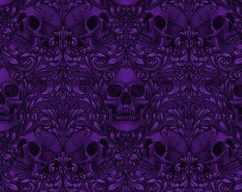 Skull Damask - Purple from the Mystic Moonlight collection by Club Hauer, Rachel Hauer, PWRH089.PURPLE - Sold by Half Yard, skulls
