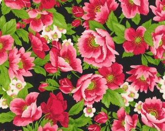 SCARLETS GARDEN Floral Black by Debbie Beaves: Cotton Quilting Fabric by Flowerhouse for Robet Kaufman FLH-20644-2 Black,  sold by half yard