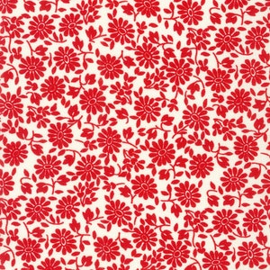 May include: Red floral print fabric with a white background. The fabric features a repeating pattern of small red flowers with green leaves.