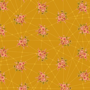 May include: A seamless pattern featuring pink and white floral bouquets on a mustard yellow background. The flowers are arranged in a geometric pattern with thin white lines connecting them.