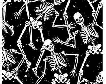 Halloween Spirit Skeleton Crew Black 12542G-12 Glow in the Dark by Benartex 100% Cotton Fabric Yardage - Sold by the 1/2 Yard