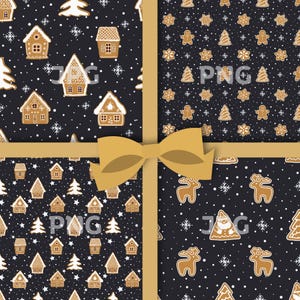 May include: Four Christmas-themed patterns with a gold ribbon and bow. The patterns feature gingerbread houses, trees, snowflakes, and reindeer on a dark background. The patterns are in shades of brown and white.