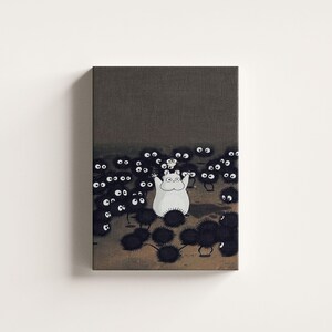 May include: A canvas print featuring a whimsical illustration. A large white creature with outstretched arms is surrounded by numerous small, black, fluffy creatures with large eyes. The background is a muted brown.