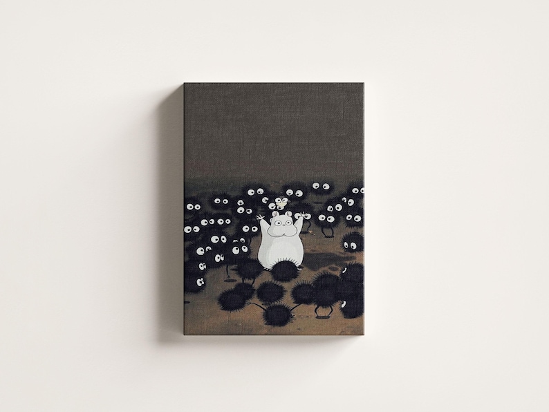 May include: A canvas print featuring a whimsical illustration. A large white creature with outstretched arms is surrounded by numerous small, black, fluffy creatures with large eyes. The background is a muted brown.
