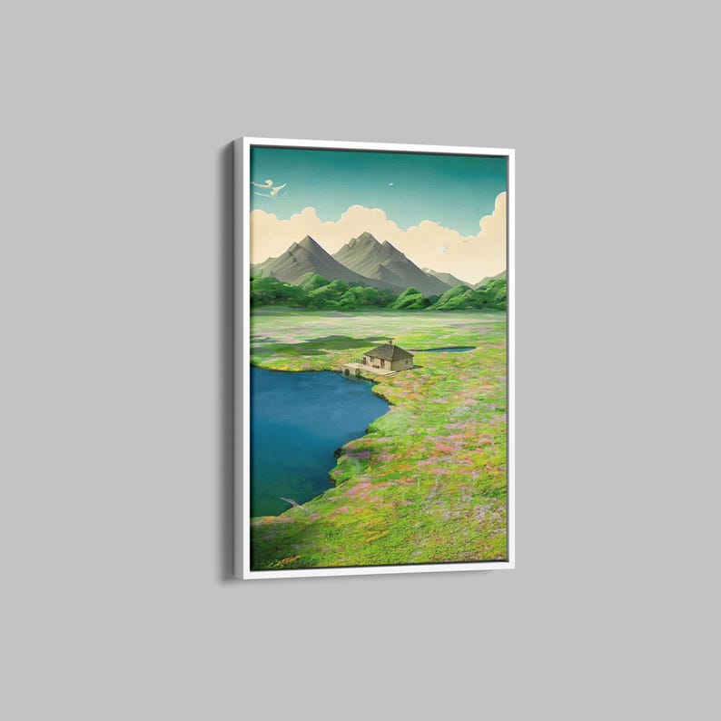 May include: A digital painting depicting a small house situated on a grassy hill beside a blue lake. The house is surrounded by verdant hills and a blue sky with white clouds.