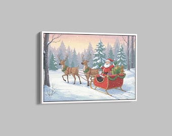 Santa Claus Sleigh Christmas Canvas Wall Art, Festive Winter Forest Reindeer Print, Holiday Home Decor Gift