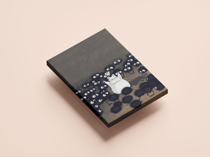 May include: A rectangular canvas print featuring a whimsical illustration. A white, round creature with outstretched arms is surrounded by numerous dark, fuzzy figures with white eyes. The background is a gradient of gray and brown.