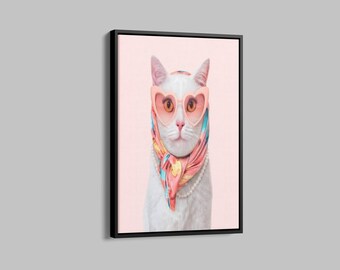 Arte de parede em tela de gato fofo, decoração floral em aquarela, arte de parede maximalista, arte emoldurada, decoração de parede exclusiva, arte original, decoração rosa, arte grande