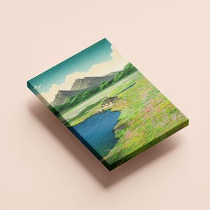 May include: A painting depicting a landscape with a small cottage beside a lake. The lake is surrounded by verdant hills and a blue sky with white clouds. The painting is in a style reminiscent of Japanese art.