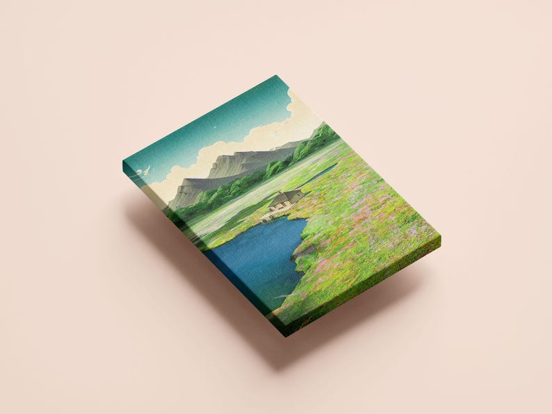 May include: A painting depicting a landscape with a small cottage beside a lake. The lake is surrounded by verdant hills and a blue sky with white clouds. The painting is in a style reminiscent of Japanese art.