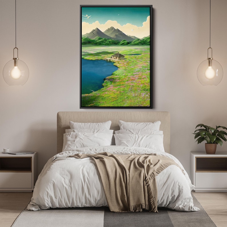 May include: A framed landscape painting depicting a small house on a grassy hill overlooking a lake. The house is surrounded by green hills and a blue sky with white clouds.