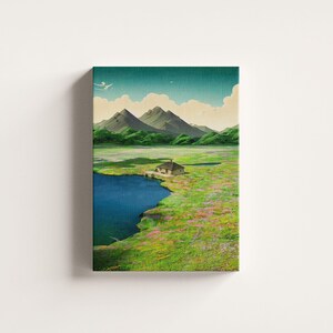 May include: A painting depicting a small cottage situated in a verdant valley, with a blue lake in the foreground. The cottage has a brown roof and white walls. The mountains in the background are green and blue. The sky is a light blue with white clouds.