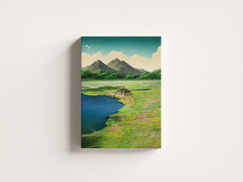 May include: A painting depicting a small cottage situated in a verdant valley, with a blue lake in the foreground. The cottage has a brown roof and white walls. The mountains in the background are green and blue. The sky is a light blue with white clouds.