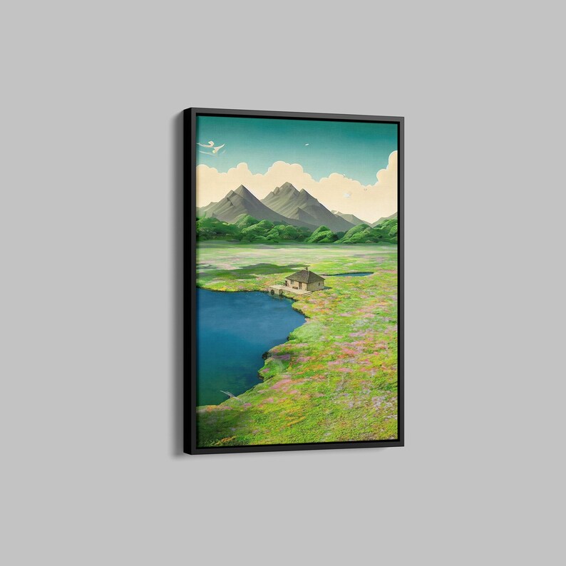 May include: A digital painting depicting a small house situated on a grassy hill beside a lake. The house is brown with a white roof and a chimney. The lake is blue and encircled by green grass and trees. Two mountains are visible in the background.