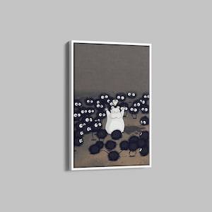 May include: A framed print featuring a whimsical illustration. A large, white, round creature with outstretched arms stands among numerous small, black, fuzzy creatures with large white eyes. The background is a muted gray.
