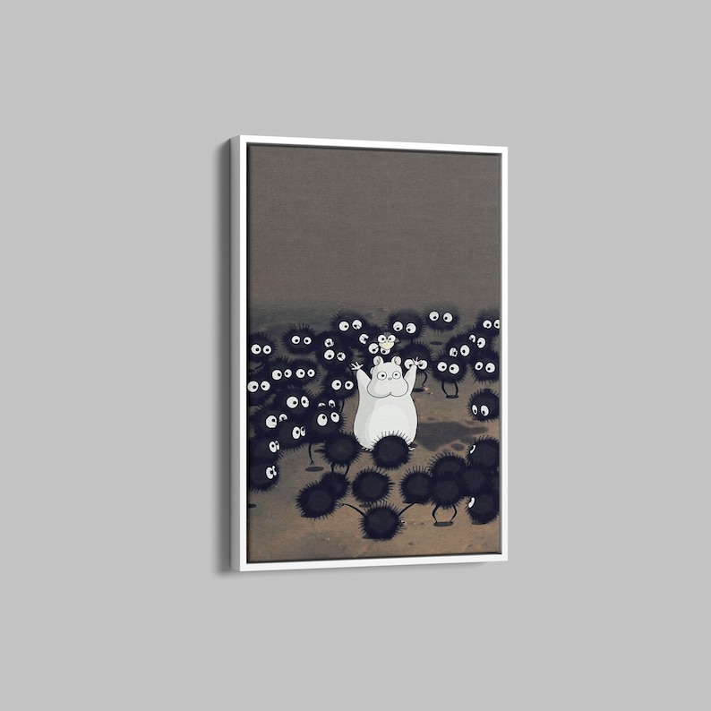 May include: A framed print featuring a whimsical illustration. A large, white, round creature with outstretched arms stands among numerous small, black, fuzzy creatures with large white eyes. The background is a muted gray.