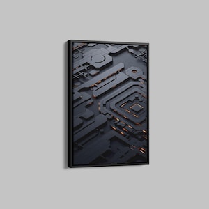 Könnte beinhalten: Abstrakter digitaler Kunstdruck mit schwarzem Rahmen. Der Druck zeigt einen dunkelgrauen Hintergrund mit einem Muster aus überlappenden geometrischen Formen in hellgrau. Die Formen sind diagonal angeordnet und haben einen subtilen Glanzeffekt.