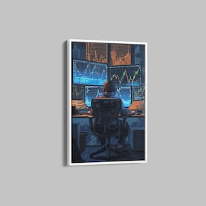 Könnte beinhalten: Eine Person sitzt vor mehreren Computermonitoren, auf denen Aktiencharts angezeigt werden. Die Person trägt ein blaues Hemd und Kopfhörer. Die Monitore sind auf einem Schreibtisch mit Tastatur und Maus aufgestellt. Der Raum ist schwach beleuchtet, mit einem Fenster im Hintergrund.