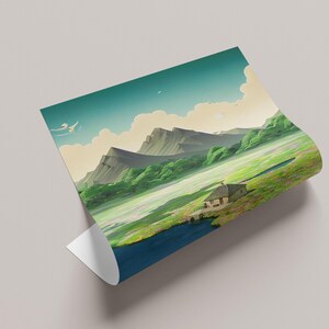 May include: A digital painting depicting a green landscape with a small house in the foreground. The landscape features rolling hills, a lake, and a blue sky with white clouds.