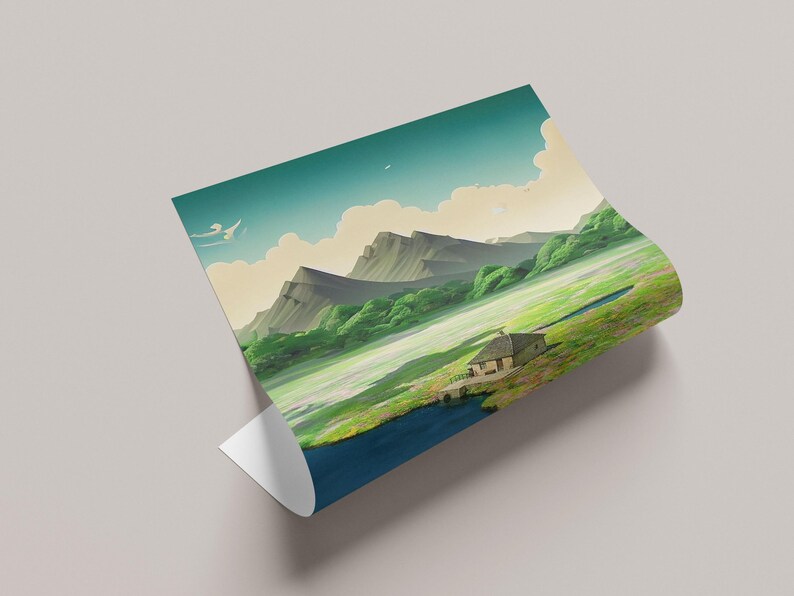 May include: A digital painting depicting a green landscape with a small house in the foreground. The landscape features rolling hills, a lake, and a blue sky with white clouds.