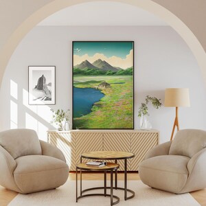 May include: A living room interior with two beige armchairs, a wooden coffee table, and a side table. A framed landscape painting of a lake and mountains hangs on the wall above a wooden cabinet. A floor lamp with a beige lampshade stands in the corner.