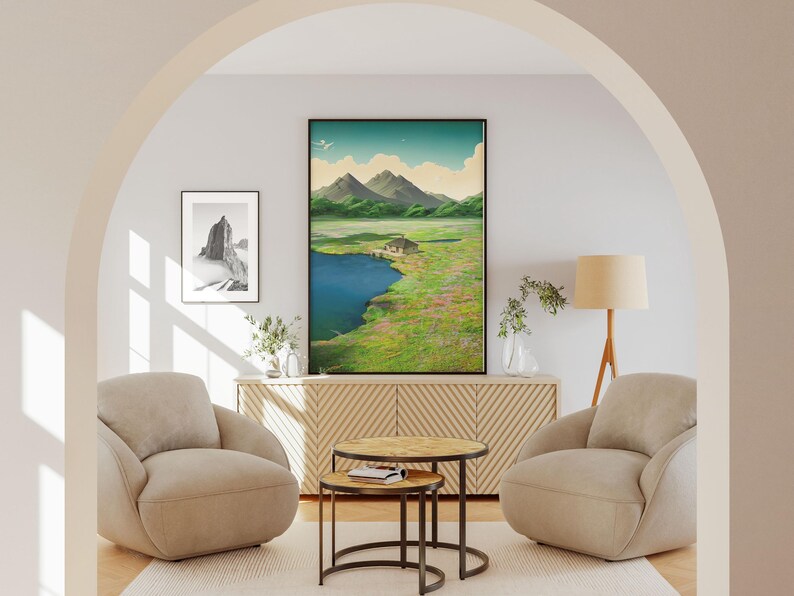 May include: A living room interior with two beige armchairs, a wooden coffee table, and a side table. A framed landscape painting of a lake and mountains hangs on the wall above a wooden cabinet. A floor lamp with a beige lampshade stands in the corner.