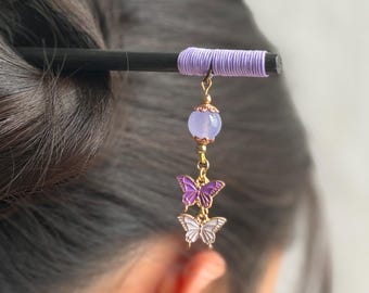From Japan Floral Kanzashi Hair Stick with Pearl Dangles - Black & Lavender 1 pc of Chinese Japanese Kanzashi Hair Stick in Fabric  main image 4