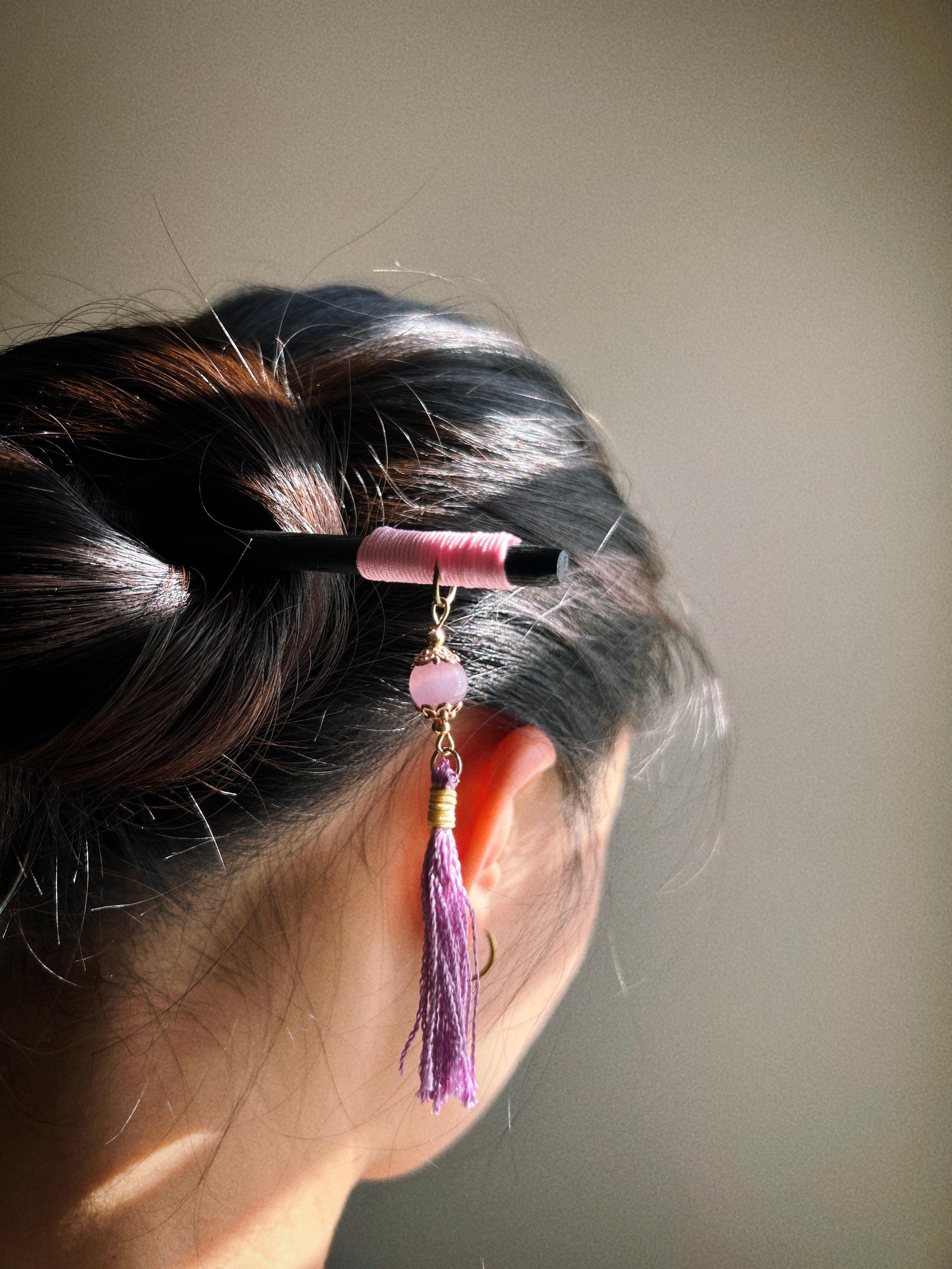 Rose Quartz Kanzashi Hair Stick, Japanese Hair Accessory, Oak Wood