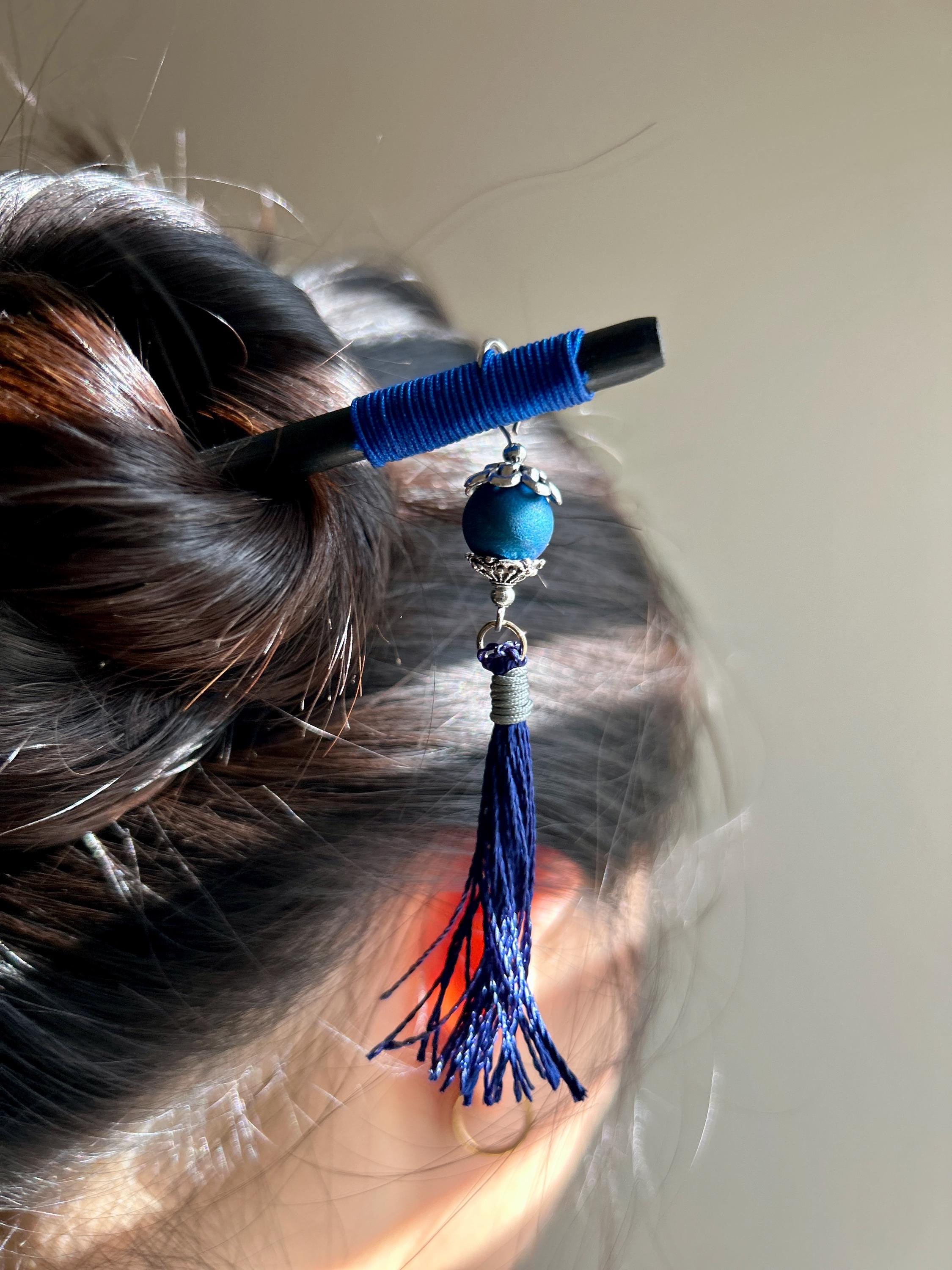 Midnight Blue Japanese Kanzashi Hair Stick, Tassel, Oak Hair Pin