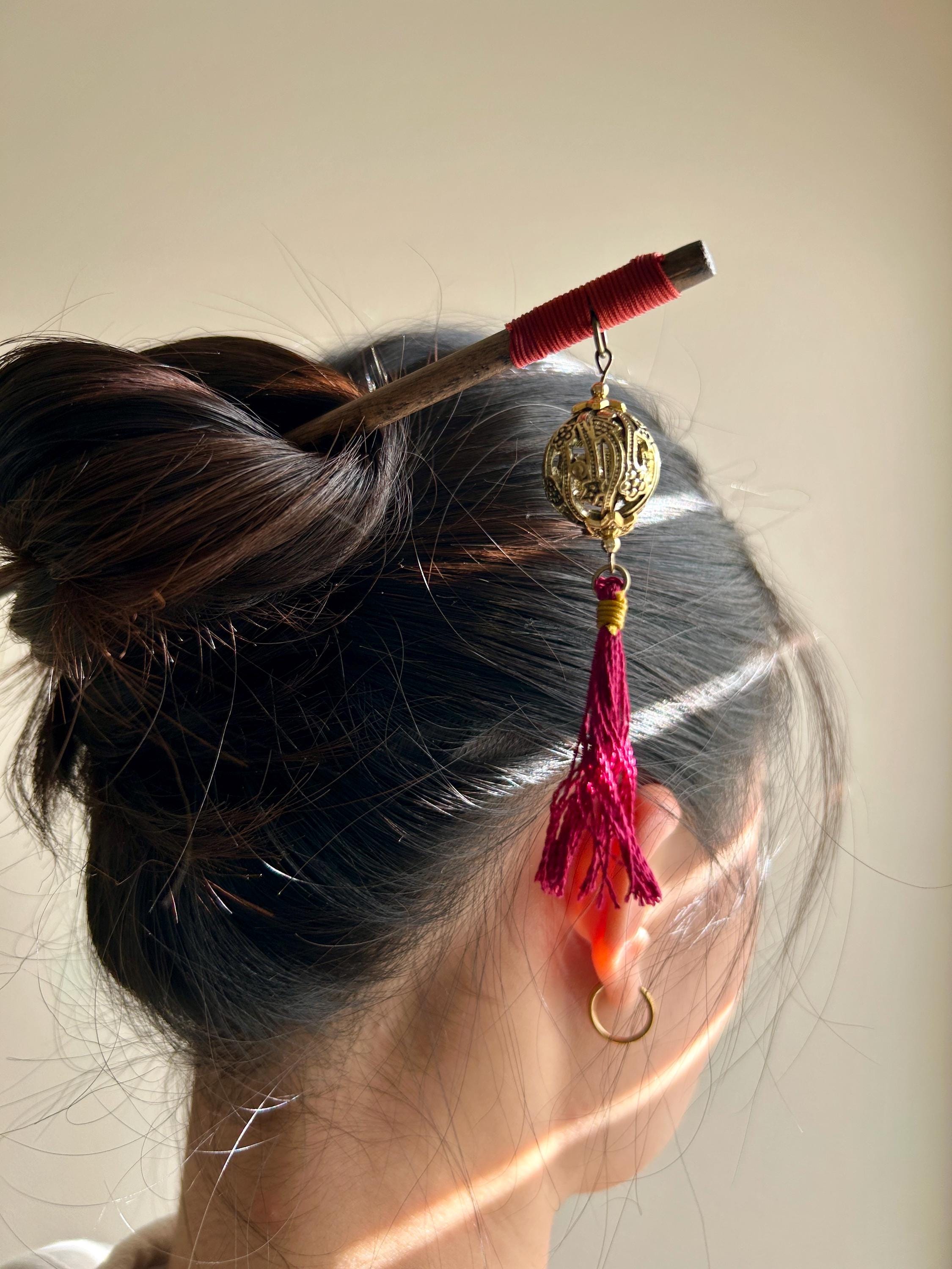 Burgundy & Gold Filigree Kanzashi Hair Stick, Oak Hair Pin With