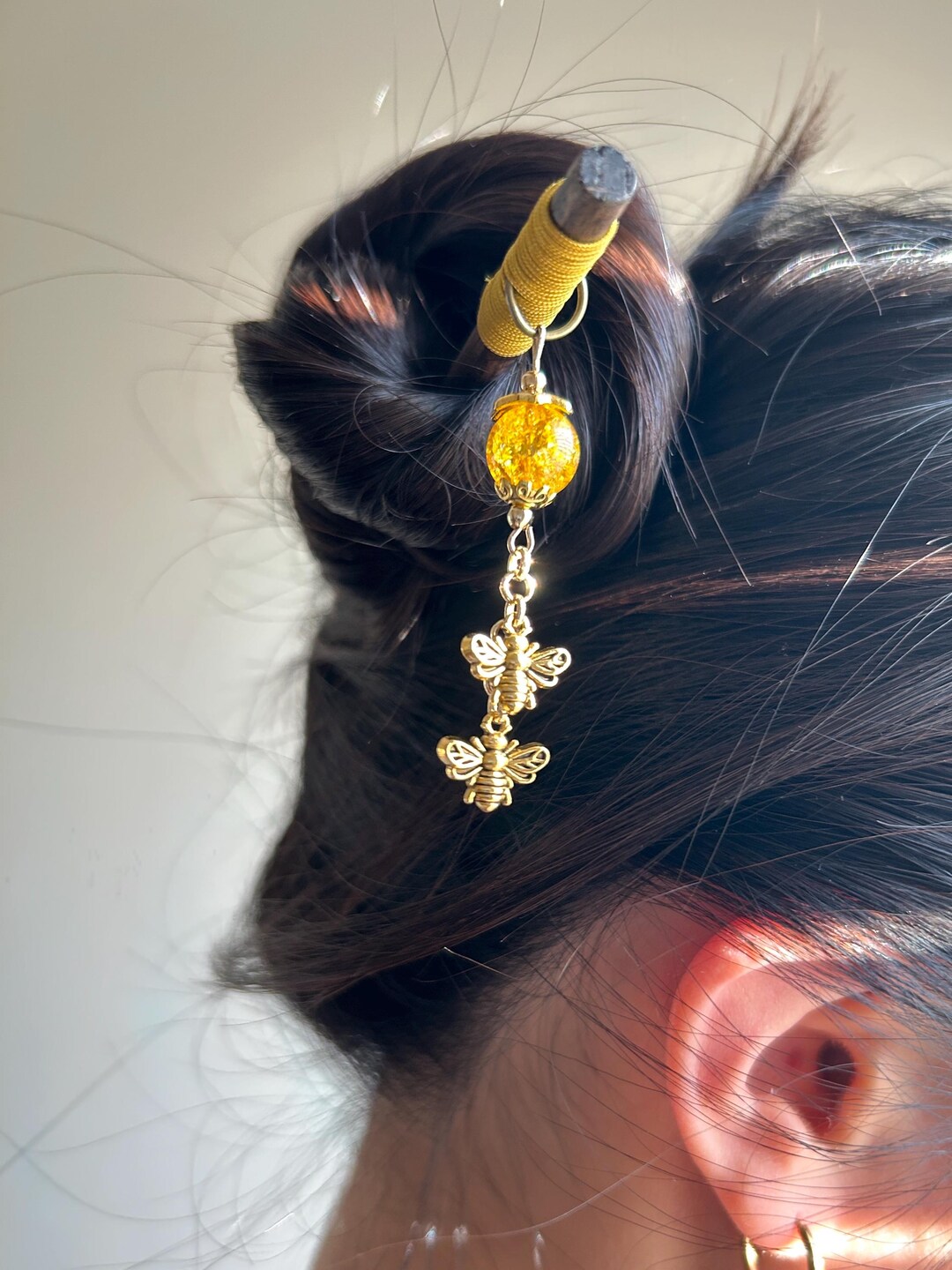 Kanzashi kimono Hair stick yellow resin faux pearls GS403 Gold Flower Hair Stick: Japanese Kanzashi Hairpin With Resin  main image 2