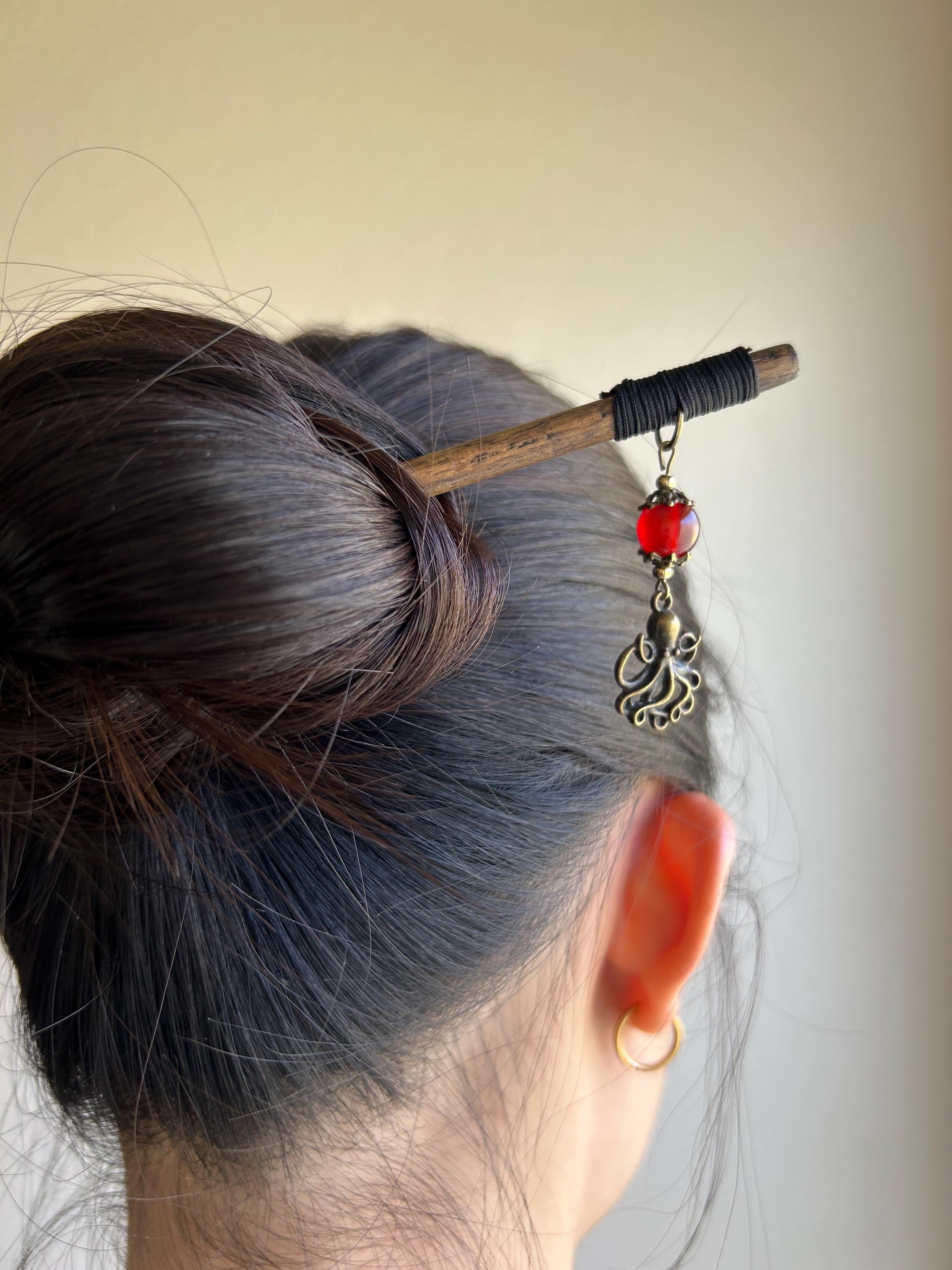 Handmade Japanese Kanzashi Hair Stick: Kraken Dangle, Oak Hair Pin