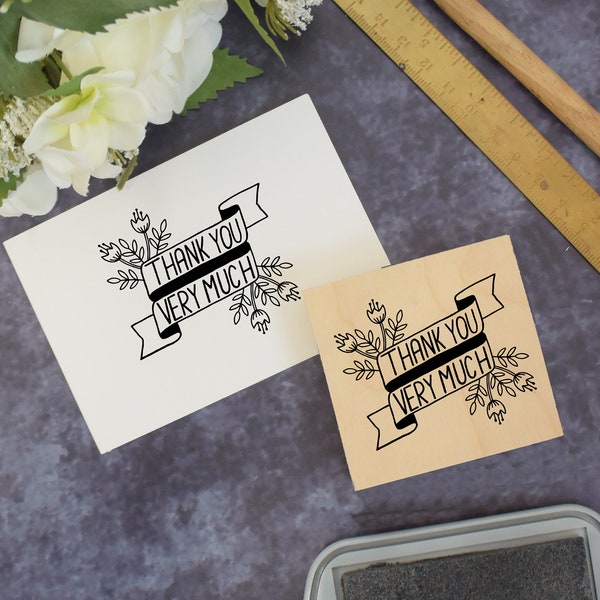 Floral Banner Thank You Rubber Stamp - packaging stamp - wedding stamp