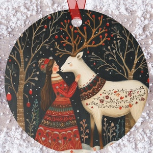 Scandinavian Folk Art White Reindeer Metal Ornament – Woodland Christmas Decor, Nordic Winter Illustration
