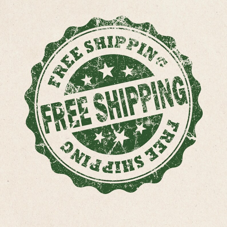 May include: A green, distressed stamp with the words "FREE SHIPPING" in a circular pattern. The text is repeated around the edge and in the center, with star accents. The stamp is on a beige background.