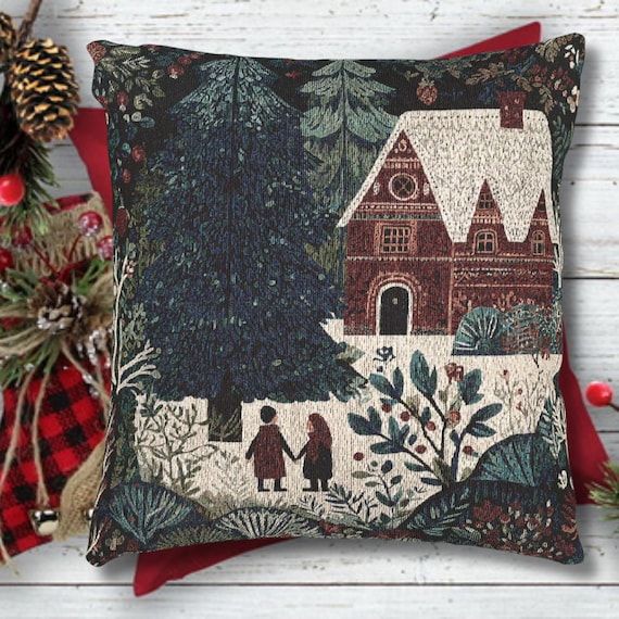 Nordic Winter Cottage Woven Tapestry Pillow – Scandi Folk Art Forest Cushion, Gingerbread House Decor, Double-Sided Jacquard 17x18 inches