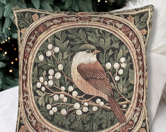 Vintage Woven Mistletoe Bird Pillow | Folkloric Holiday Cushion | Cozy Cottagecore Christmas Decor | Victorian Style Tapestry Throw Pillow