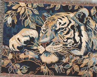 Woven Tiger Tapestry Blanket, Jungle Cat Wall Art Throw, Mystical Big Cat Decor, Boho Safari Animal Blanket, Botanical Tiger Jungle Decor