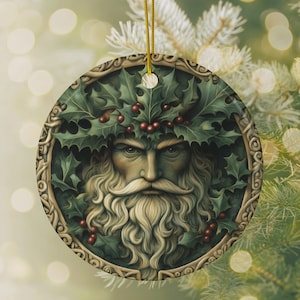 Green Man Ornament, Holly King Ceramic Christmas Tree Decoration, Pagan Yule Decor, Yuletide Celtic Folklore Ornament, Witchy Holiday Gift