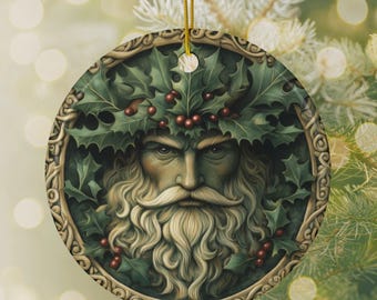 Green Man Ornament, Holly King Ceramic Christmas Tree Decoration, Pagan Yule Decor, Yuletide Celtic Folklore Ornament, Witchy Holiday Gift