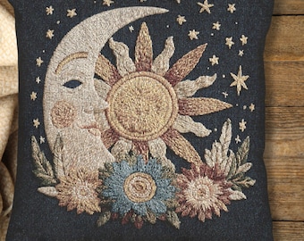 Celestial Sun and Moon Woven Pillow – Boho Tapestry Cushion Cover with Stars & Flowers, Mystical Home Décor, Cosmic Folk Art Cushion