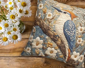 Woodpecker Throw Pillow *FAUX* Embroidery Bird Cushion, Cottagecore Aesthetic, Blue and Cream Floral Accent Pillow, Bird Lover Woodland Gift