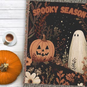 Spooky Season Woven Halloween Blanket – 100% Cotton Throw with Ghost & Pumpkin Design, Autumn Decor, Witchy Cottagecore Gift, Autumn Ghost
